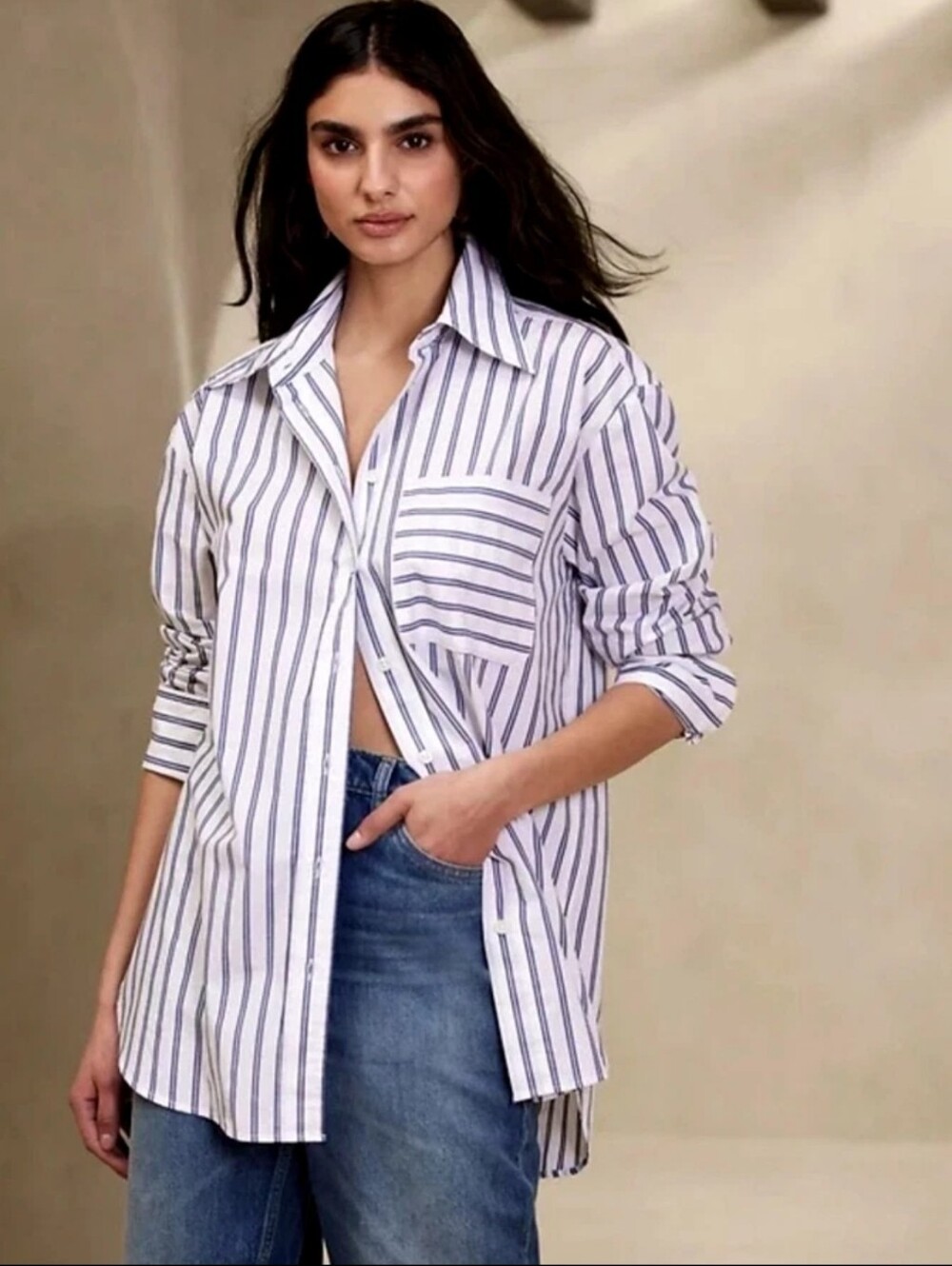 Banana Republic The Oversized Shirt Navy Stripe Retail $90 S-crew